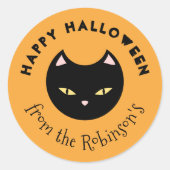 Sticker Rond Happy Halloween Orange Cute Chat Noir (Devant)
