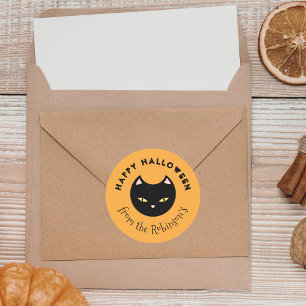 Sticker Rond Happy Halloween Orange Cute Chat Noir