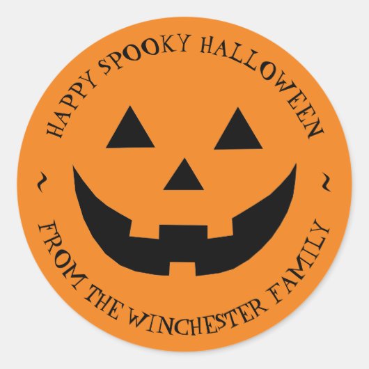 Sticker Rond Happy Halloween orange Jack-o'-lantern personnalis (Devant)