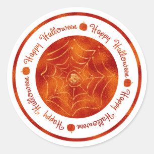 Sticker Rond Happy Halloween Spider Web Orange Shine Party