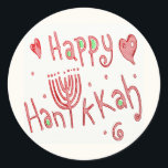 Sticker Rond Happy Hannukah<br><div class="desc">Ce design Happy Hannukah fantaisiste présente une menorah à la place du "U" dans le mot, Hannukah. Cette orthographe est devenue l'orthographe la plus acceptable en anglais, donc même si vous l'épelez généralement Hanuka ou Chanukah, vous ne pouvez pas vous tromper avec celle-ci. La couleur rouge la rend enjouée et...</div>