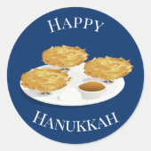 Sticker Rond Happy Hanoukka Cartoon Latkes Pomme Sauce (Devant)