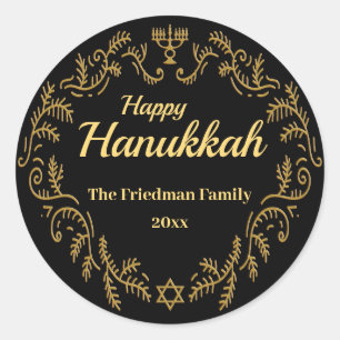 Sticker Rond Happy Hanoukka Menorah Gold Frame sur Black