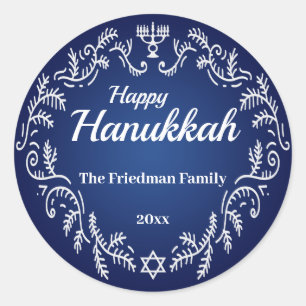 Sticker Rond Happy Hanoukka Menorah White Festive Frame on Blue