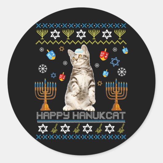 Sticker Rond Happy Hanukcat Ugly Hanoukka Maine Coon Chat (Devant)
