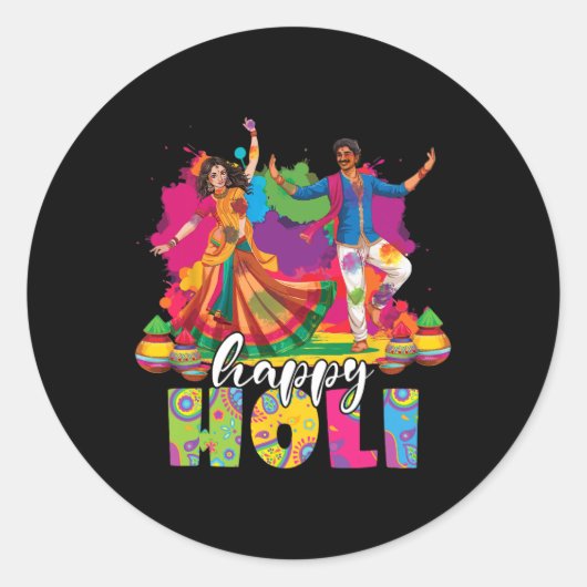 Sticker Rond Happy Holi Indian Dancing Spring Holi Festival De (Devant)