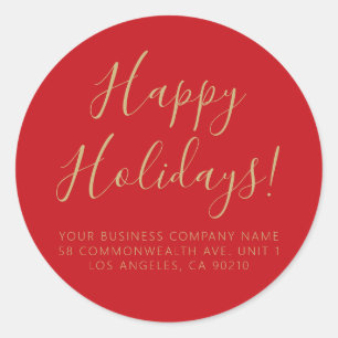 Sticker Rond Happy Holidays écriture or rouge simple adresse