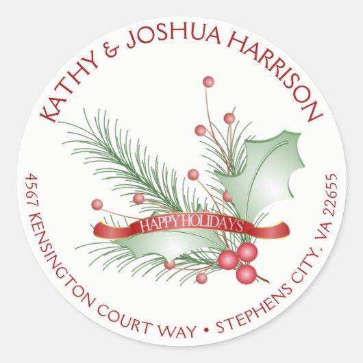 Sticker Rond Happy Holidays Holly Berries Pine Round Address | (Devant)