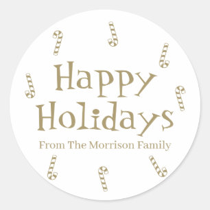 Sticker Rond Happy Holidays or blanc personnalisé nom cadeau f