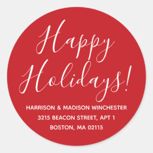 Sticker Rond Happy Holidays rouge blanc script adresse de retou