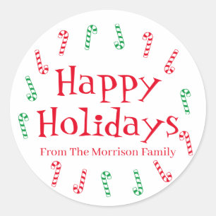 Sticker Rond Happy Holidays rouge vert nom personnalisé faveur