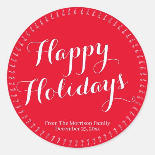 Sticker Rond Happy Holidays script rouge personnalisé nom de fa (Devant)