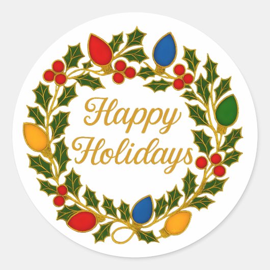 Sticker Rond Happy Holidays Wreath Christmas Lights and Holly (Devant)
