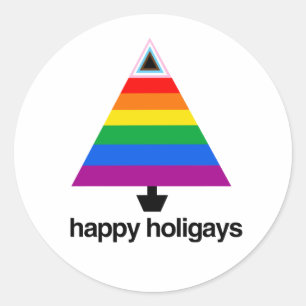 Sticker Rond Happy Holigays Progress Pride Tree