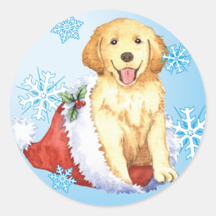 Sticker Rond Happy Howliday Golden Retriever