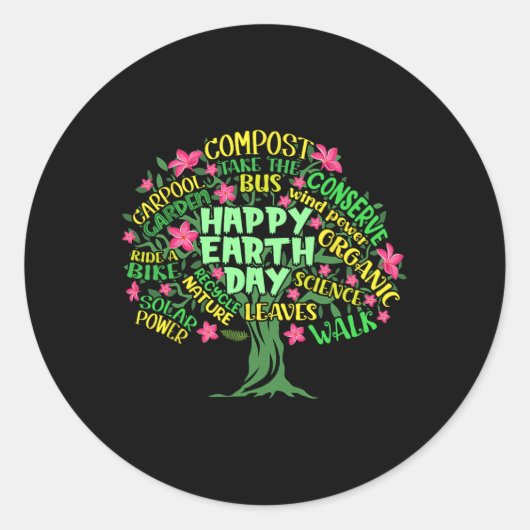Sticker Rond Happy Jour des terres Tree Dessin Illustration Wor (Devant)