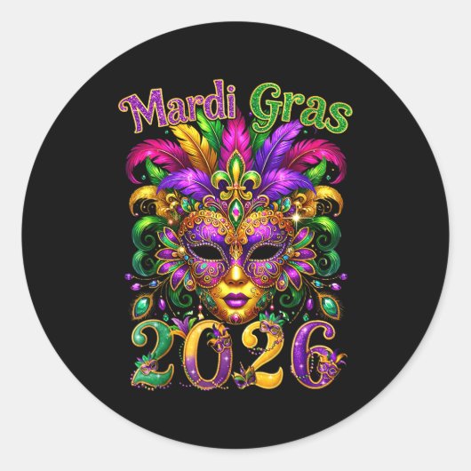 Sticker Rond Happy Mardi Gras 2026 Jester Hat New Orleans Men W (Devant)