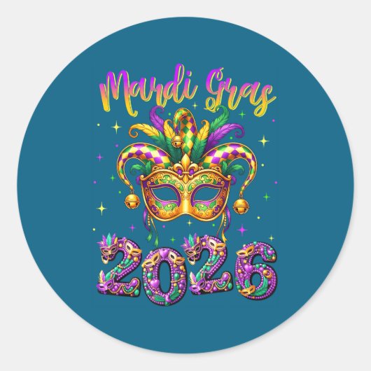 Sticker Rond Happy Mardi Gras Carnival 2026 Jester Hat Men Wome (Devant)