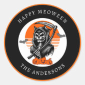 Sticker Rond Happy Meoween Éffrayant Grim Reaper Chat Halloween (Devant)
