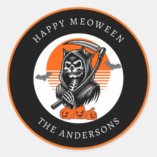 Sticker Rond Happy Meoween Éffrayant Grim Reaper Chat Halloween (Devant)