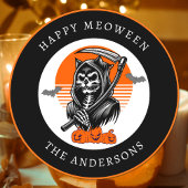 Sticker Rond Happy Meoween Éffrayant Grim Reaper Chat Halloween