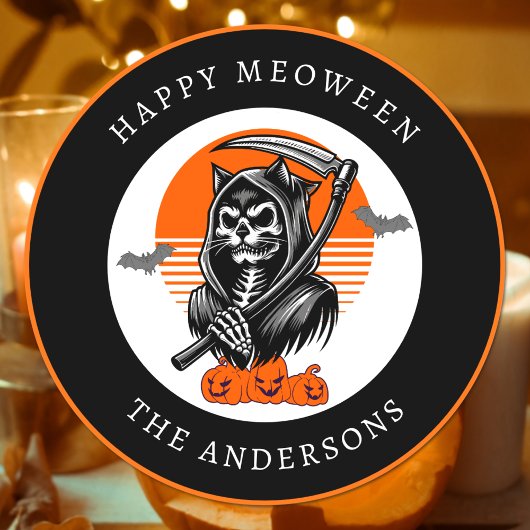 Sticker Rond Happy Meoween Éffrayant Grim Reaper Chat Halloween