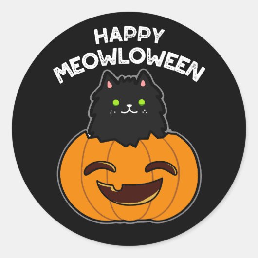 Sticker Rond Happy Meowloween Funny Halloween Pun Dark BG (Devant)