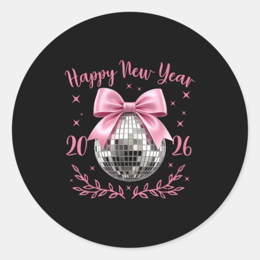 Sticker Rond Happy New Year 2026 Coquette Nk Bow Disco Ball Wom (Devant)