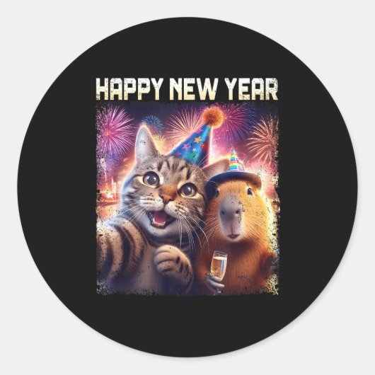 Sticker Rond Happy New Year 2026 Cute Cat Capybara Party Art  (Devant)