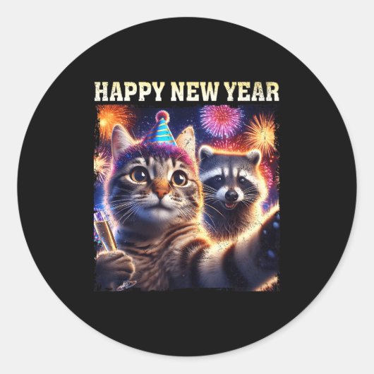 Sticker Rond Happy New Year 2026 Cute Cat Raccoon Celebration  (Devant)