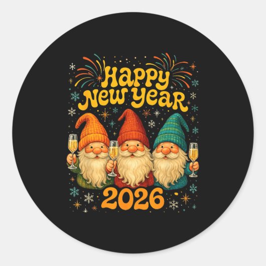 Sticker Rond Happy New Year 2026 Cute Gnome Party Gift  (Devant)
