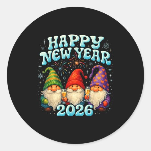 Sticker Rond Happy New Year 2026 Cute Gnome Party Gift  (Devant)