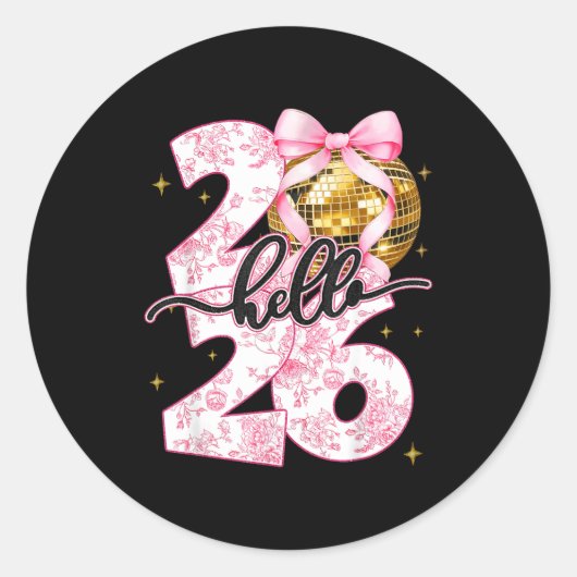 Sticker Rond Happy New Year 2026 Disco Ball Bow New Year's Eve  (Devant)