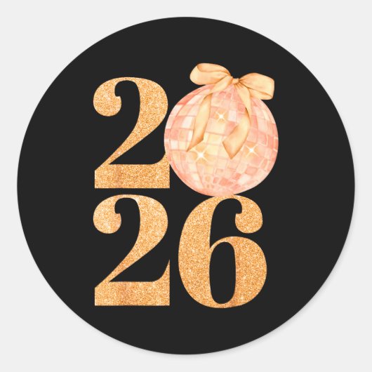 Sticker Rond Happy New Year 2026 Disco Ball Coquette Bow New Ye (Devant)