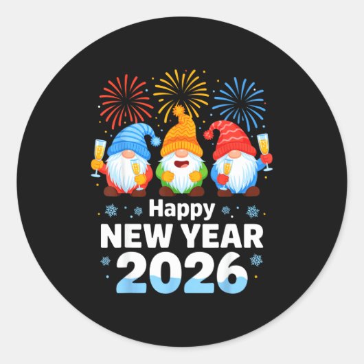 Sticker Rond Happy New Year 2026 Gnome With Fireworks And Champ (Devant)
