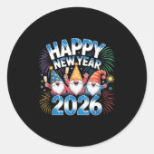 Sticker Rond Happy New Year 2026 Gnomes Family Party New Years (Devant)