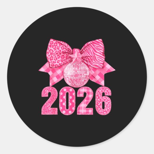 Sticker Rond Happy New Year 2026 Nk Bow Patchwork Leopard Zebra (Devant)