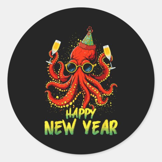Sticker Rond Happy New Year 2026 Octopus Drinking Champagne New (Devant)