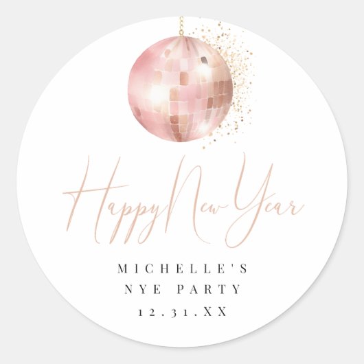Sticker Rond Happy New Year Blush Pink Rose Gold Disco Ball (Devant)