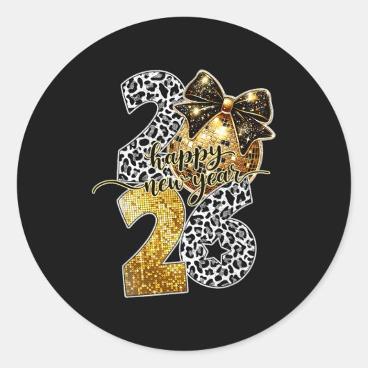 Sticker Rond Happy New Year Cute Gold Disco Ball Bow New Year's (Devant)