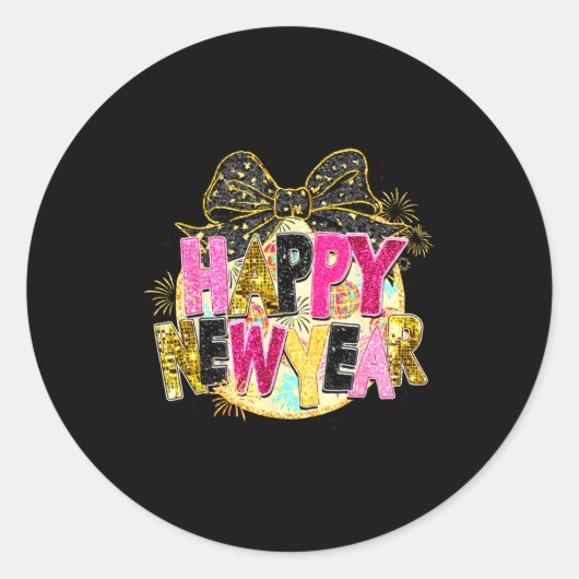Sticker Rond Happy New Year Disco Ball Coquette Bow New Years E (Devant)