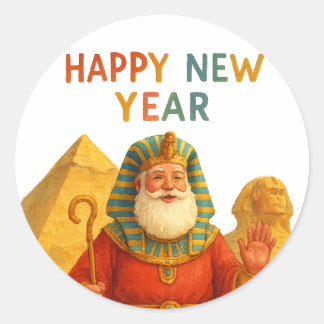 Sticker Rond Happy New Year Egyptian Santa Pharaoh Funny art