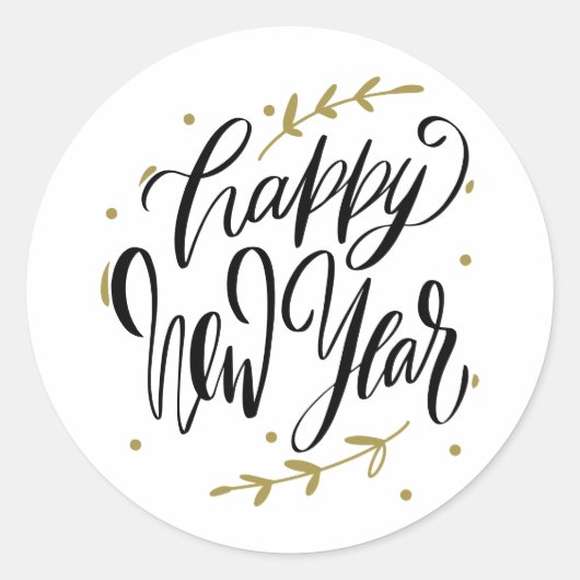 Sticker Rond Happy New Year Modern Calligraphy Wreath Black (Devant)