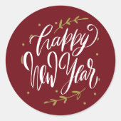 Sticker Rond Happy New Year Modern Calligraphy Wreath Burgundy (Devant)