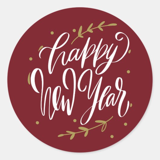 Sticker Rond Happy New Year Modern Calligraphy Wreath Burgundy (Devant)