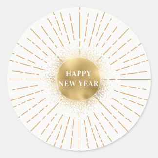 Sticker Rond Happy New Year Moderne Solaire Gold