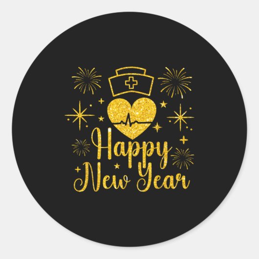 Sticker Rond Happy New Year Nurses Heartbeat Fireworks New Year (Devant)