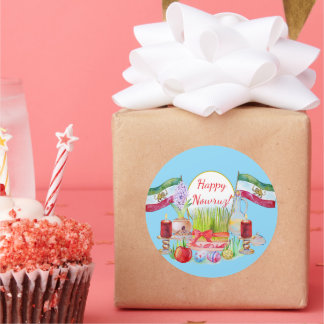 Sticker Rond Happy Norooz Haft Sin with Lion and Sun Flags