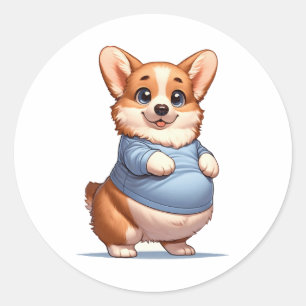 Sticker Rond Happy Playful Pup Big Belly Corgi sourit Tee drôle