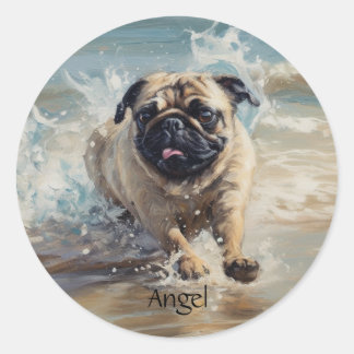 Sticker Rond Happy Pug à la Plage personnalisable